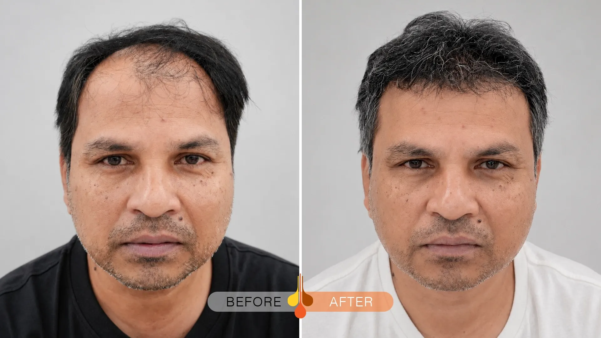 Dubai hair transplant before and after one year showing natural hairline and temple growth
