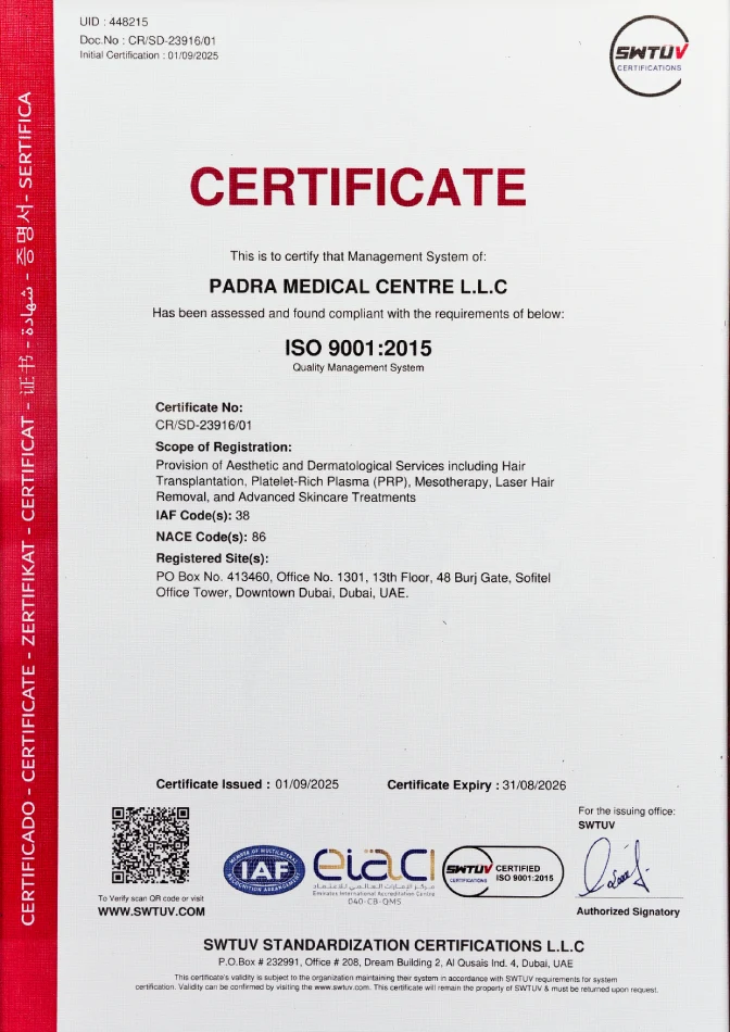 ISO 9001 quality management certification for Padra Medical Center Dubai