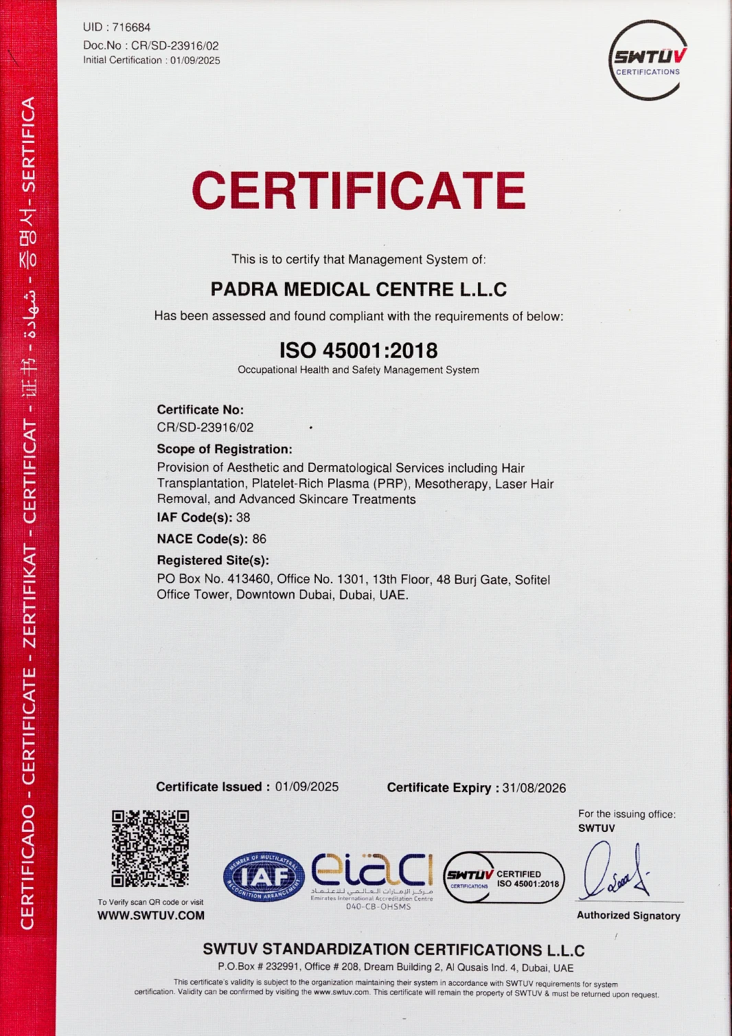 ISO 45001 occupational health and safety certification awarded to Padra Medical Center Dubai